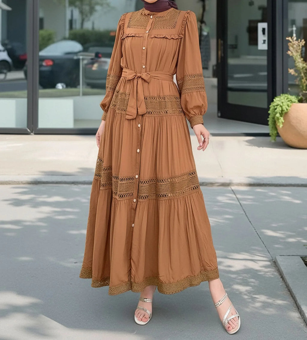 Lace dress for women, Eid Muslim abaya with long sleeves and intricate lace details, stylish Moroccan Dubai kaftan by Trenches of Mariana