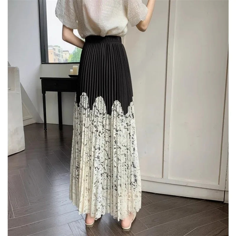 Women’s high waist French lace stitching pleated skirt by Trenches of Mariana, summer cover-up, long and flowy with intricate lace details.