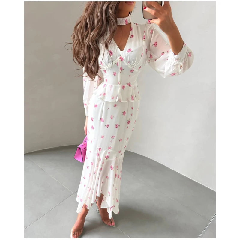 Women Elegant Printed V-neck Dress Chic Lapel Waist Cinched Pleated High Waisted Dresses 2026 Summer New Lady Vacation Gowns by Trenches of Mariana