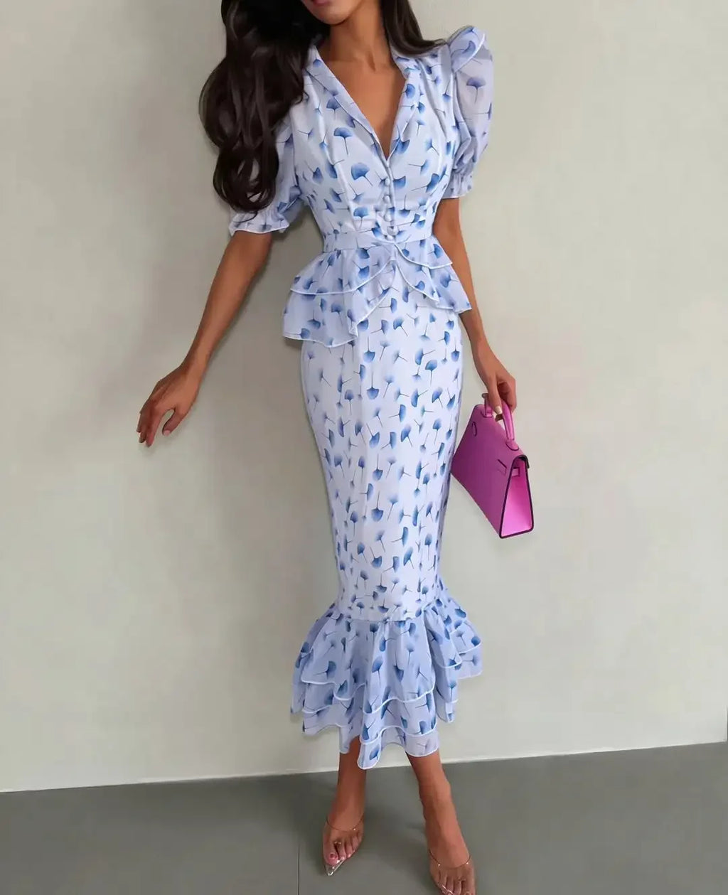 Women Elegant Printed V-neck Dress Chic Lapel Waist Cinched Pleated High Waisted Dresses 2026 Summer New Lady Vacation Gowns by Trenches of Mariana