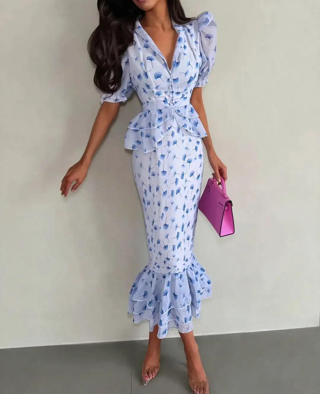 Women Elegant Printed V-neck Dress Chic Lapel Waist Cinched Pleated High Waisted Dresses 2026 Summer New Lady Vacation Gowns by Trenches of Mariana
