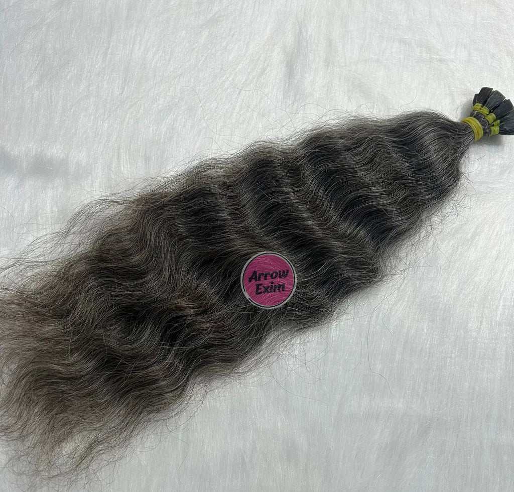 Natural Grey Indian Remy Flat Tip Dark Curly Single Weft Micro-Link Hair Extensions