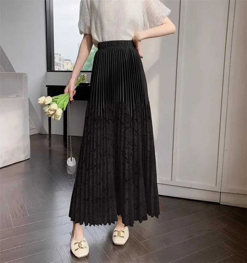 Trenches of Mariana women's French lace stitching pleated high-waist summer skirt, long cover-up skirt with elegant design.