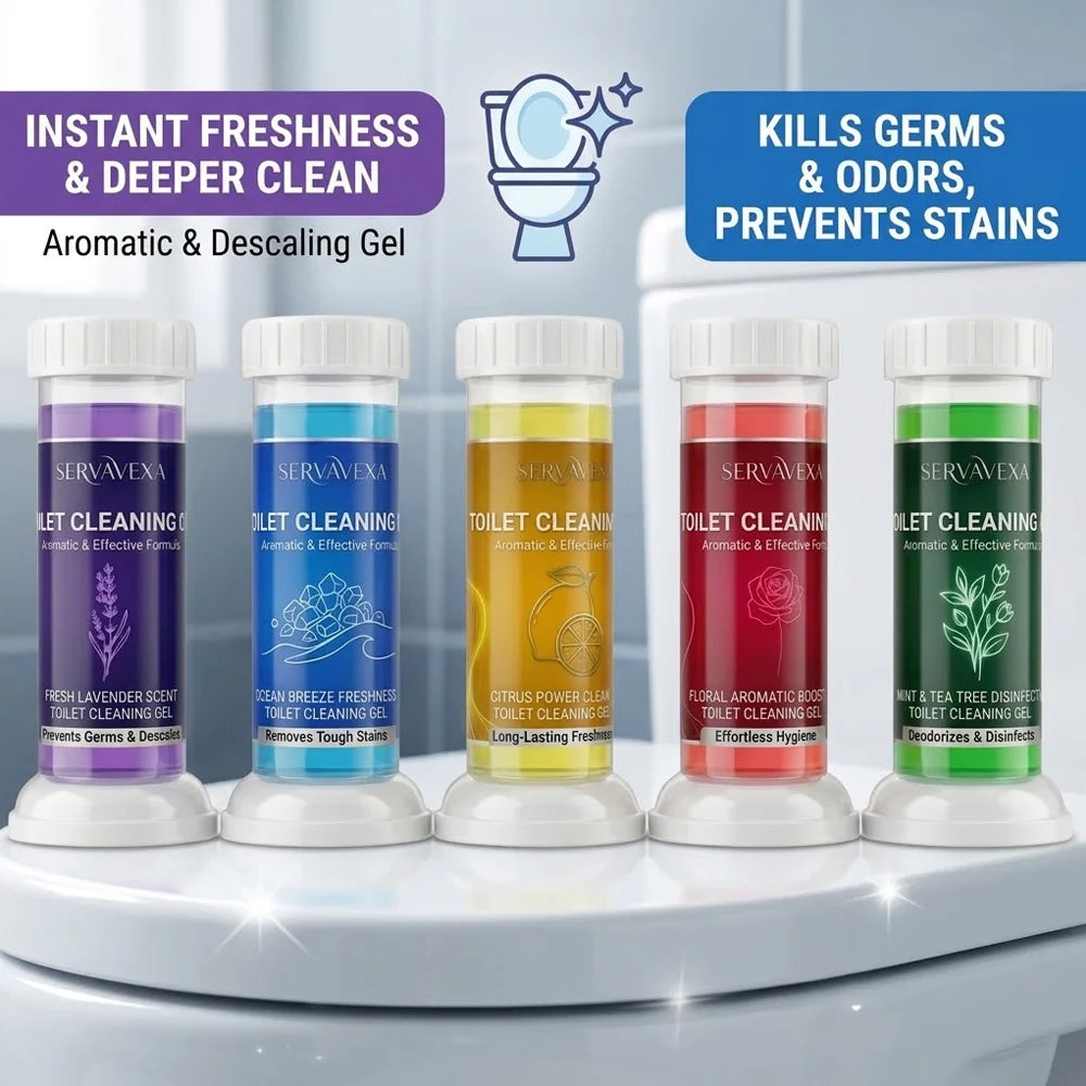 Trenches of Mariana SERVAVEXA 5-piece toilet cleaning gel kit with floral scent, includes stain and limescale remover and deodorizer.