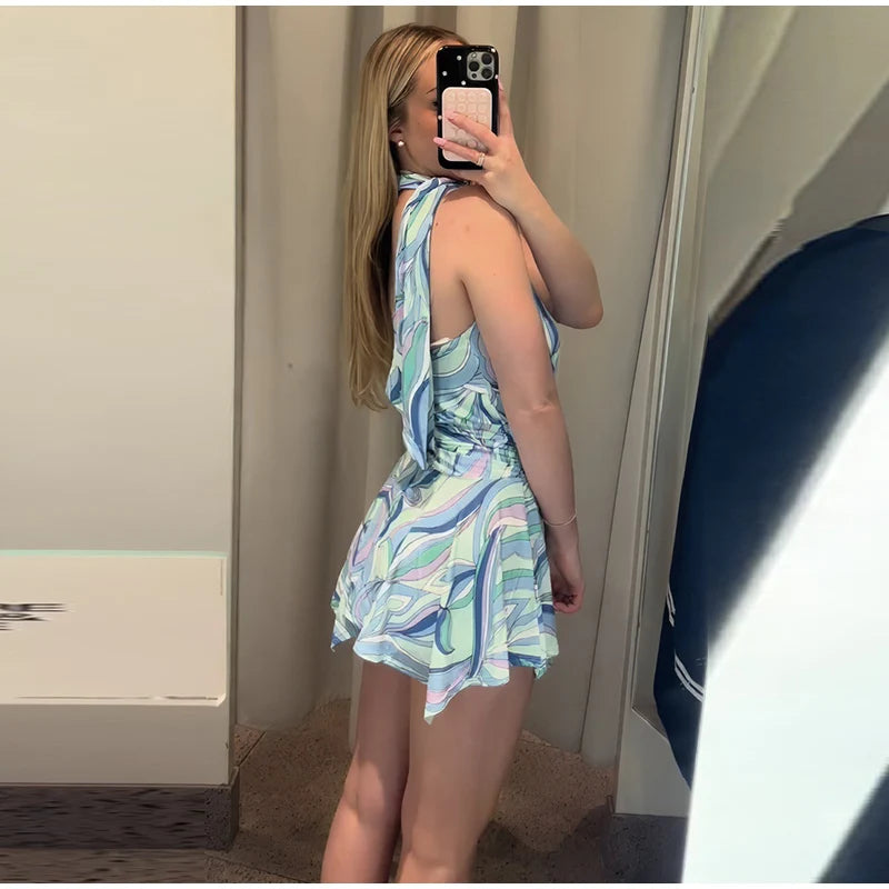 Swirl Print Women's Mini Dress Sexy Halter Neck Sleeveless Backless Ruffles Dresses Female 2026 Summer Fashion Beach Vestidos by Trenches of Mariana
