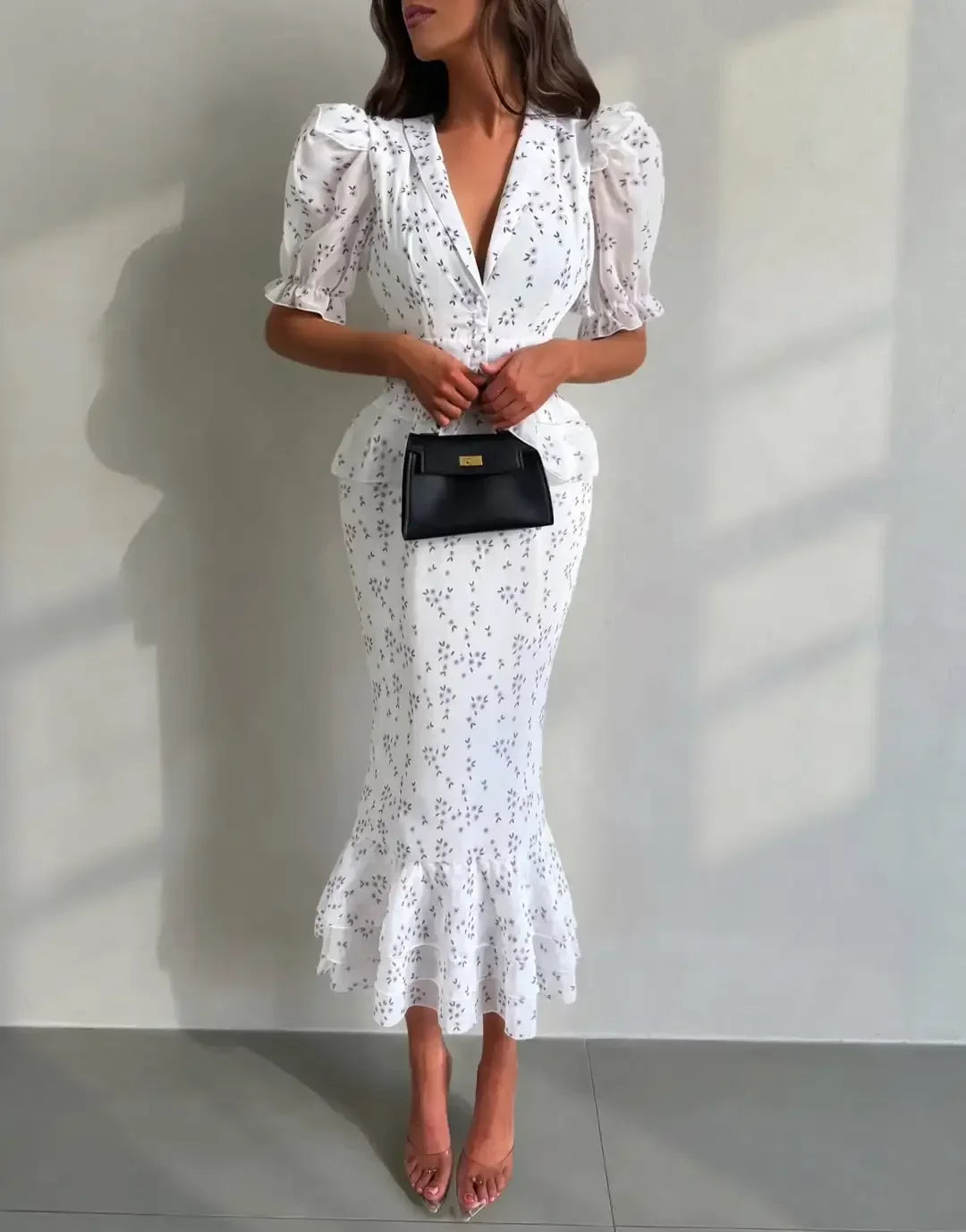 Women Elegant Printed V-neck Dress Chic Lapel Waist Cinched Pleated High Waisted Dresses 2026 Summer New Lady Vacation Gowns by Trenches of Mariana