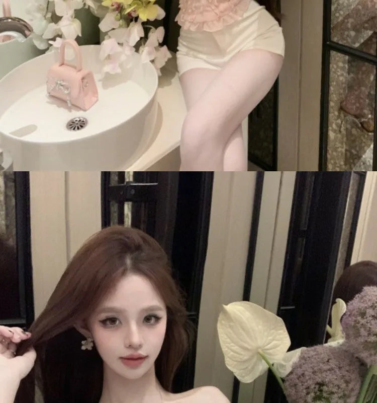 French Lace Shirt Women's New Spring Acetate Satin Premium Design Sense Short Long Sleeve Slim Top Korean Pink Lady Sweet Blouse by Trenches of Mariana