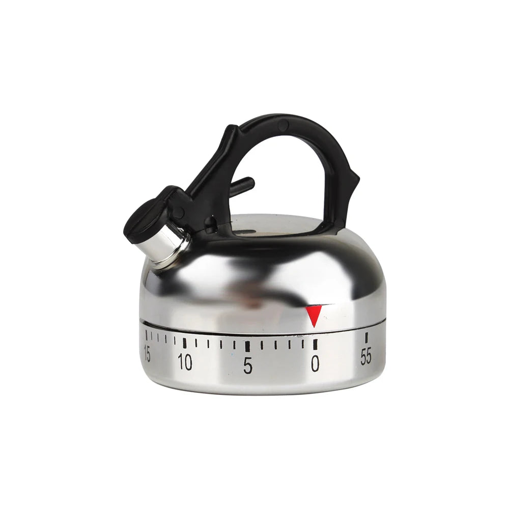 Mechanical kitchen timer by Trenches of Mariana, 60-minute teapot-shaped alarm clock for cooking and baking.