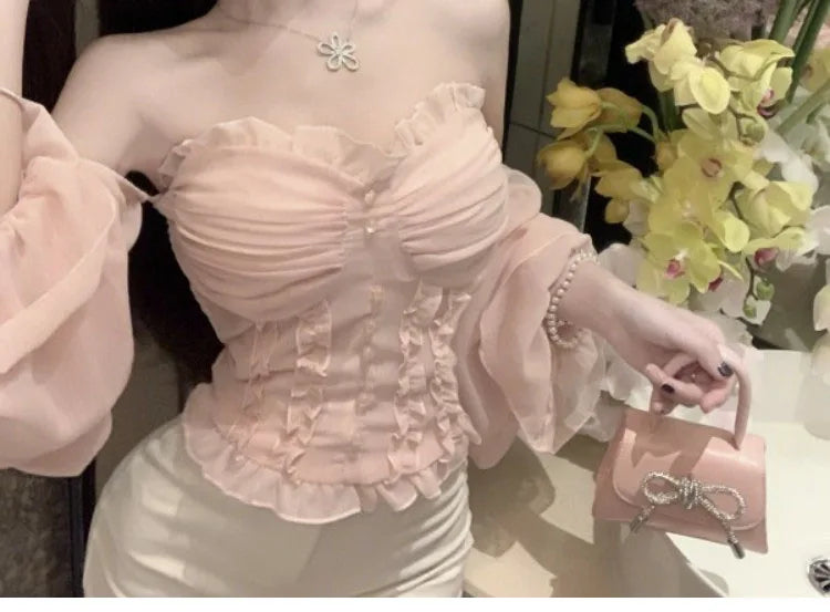 French Lace Shirt Women's New Spring Acetate Satin Premium Design Sense Short Long Sleeve Slim Top Korean Pink Lady Sweet Blouse by Trenches of Mariana