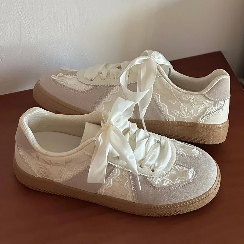 French Lace - Satin Ribbon Trainer Sneakers | Cream - Sweet Vintage Sporty Sneakers
