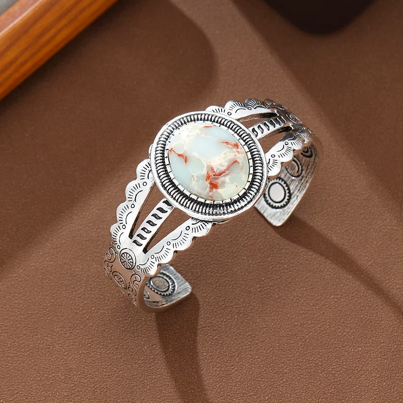 Retro Silver Color Patterned Oval Imitation Turquoise Open Bracelet