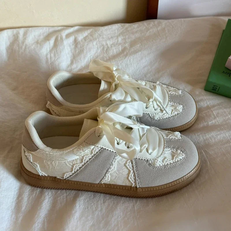 French Lace - Satin Ribbon Trainer Sneakers | Cream - Sweet Vintage Sporty Sneakers