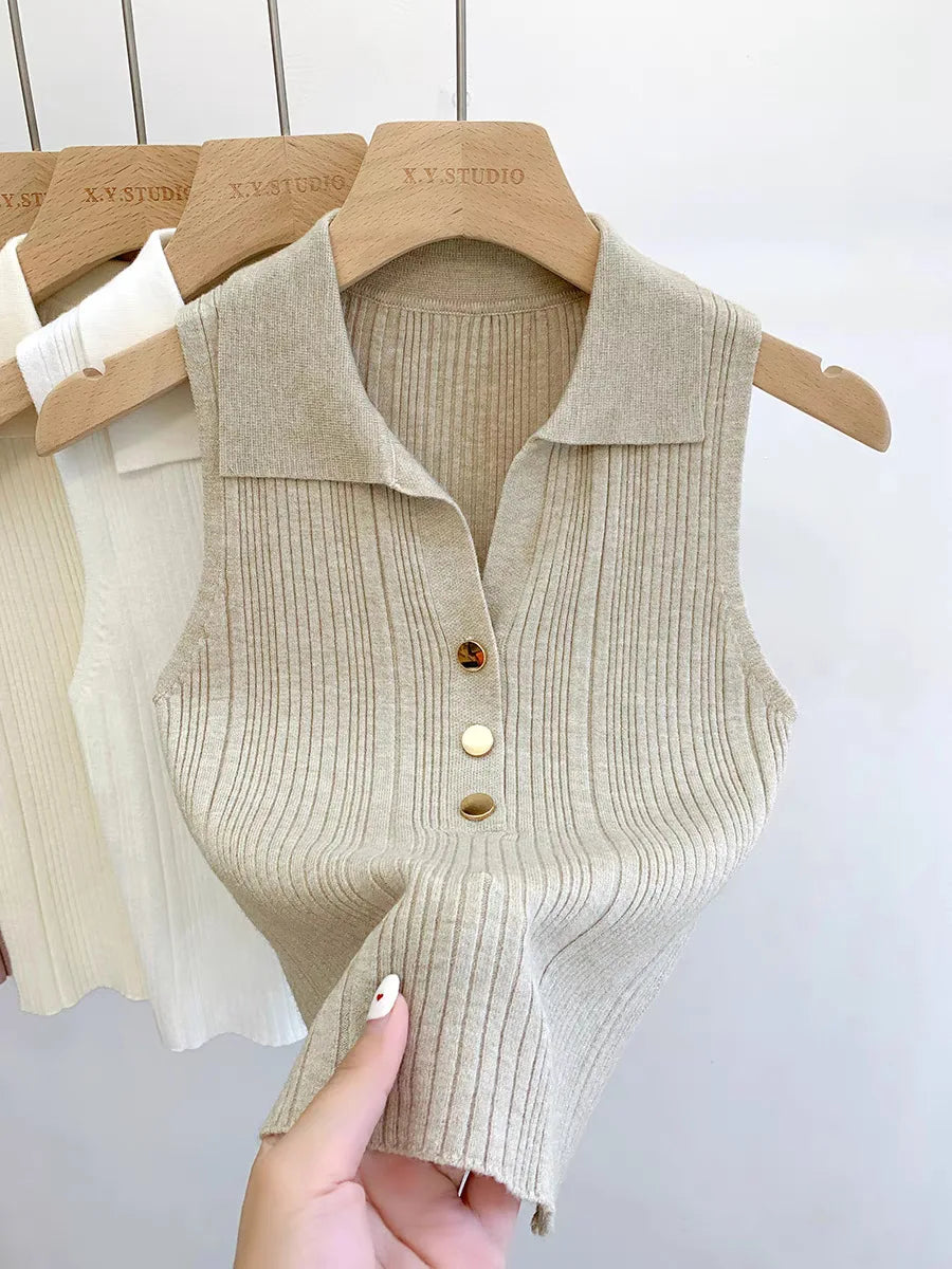 Summer Turn Down Collar Gold Button Slim Knitted Sweater Vests Elegant Knitwear Tank Tops BSTFSC-m1948 by Trenches of Mariana