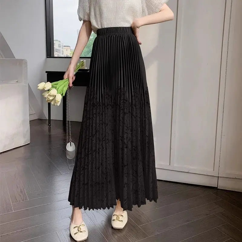 French lace stitching pleated skirt for women by Trenches of Mariana, high waist, long summer cover-up skirt with a flowing design