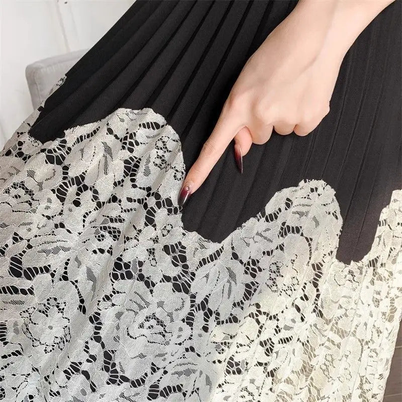 French lace stitching pleated skirt for women, high waist summer cover-up long skirt by Trenches of Mariana, shown in light fabric.