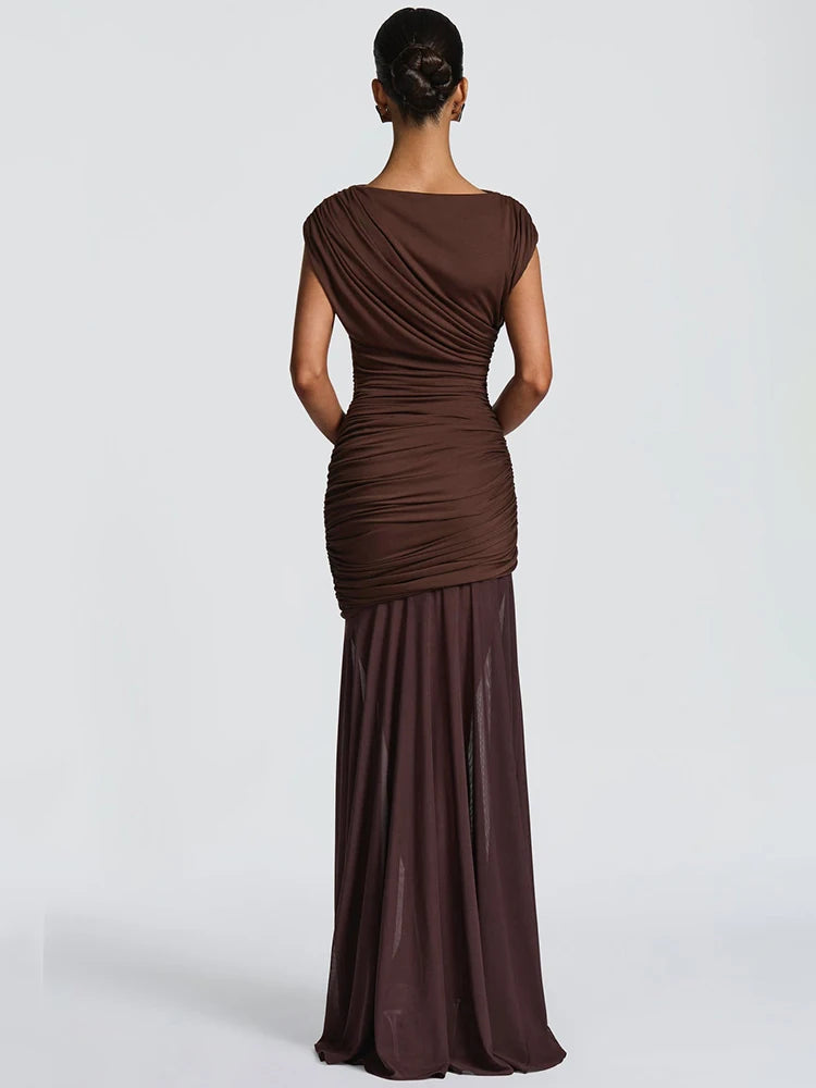Mozision Sleeveless Ruched Sexy Maxi Dress Women Gown Elegant Patchwork Mesh O Neck High Waist Skinny Club Party Long Dresses