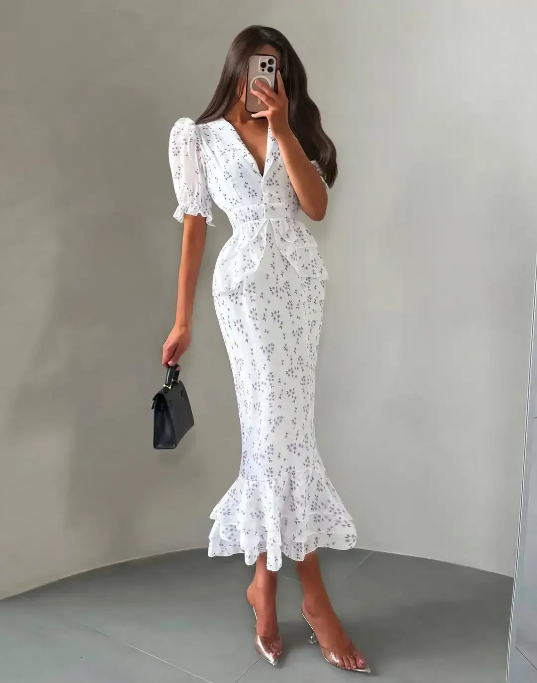 Women Elegant Printed V-neck Dress Chic Lapel Waist Cinched Pleated High Waisted Dresses 2026 Summer New Lady Vacation Gowns by Trenches of Mariana