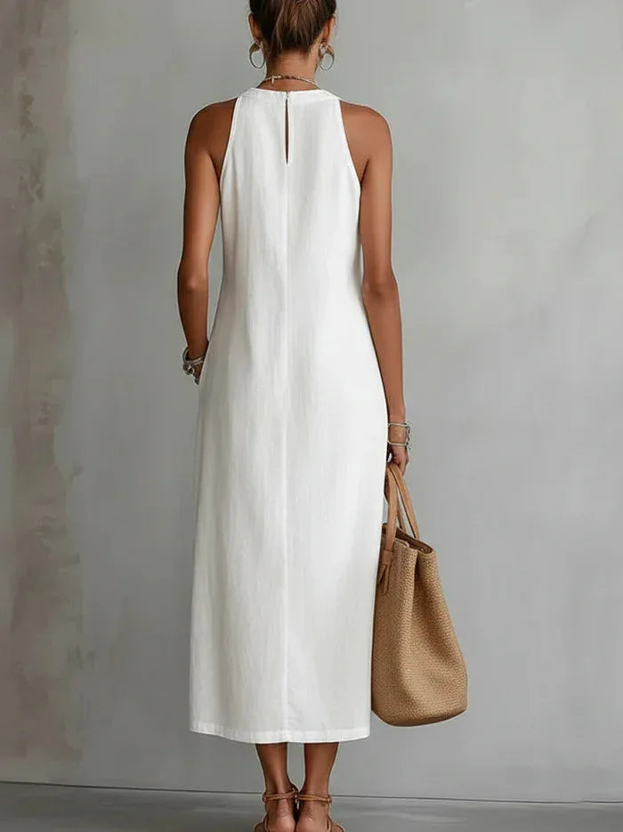 Elegant women's lace slit dress by Trenches of Mariana, sleeveless cotton and linen A-line dress with round neck in solid color.