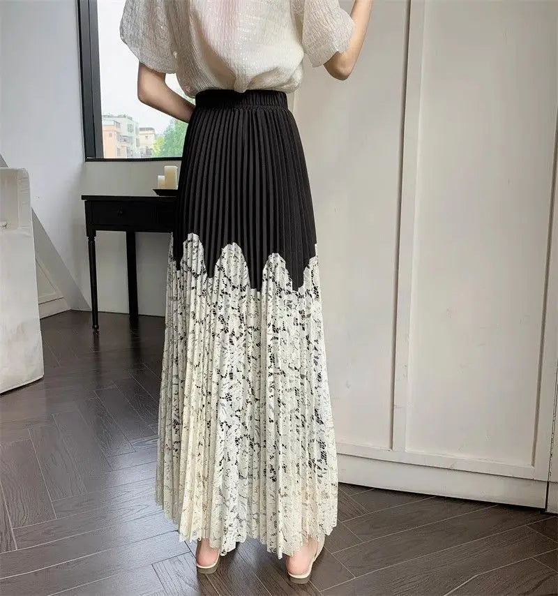 French lace stitching pleated skirt for women, high waist, summer cover-up, long skirt by Trenches of Mariana