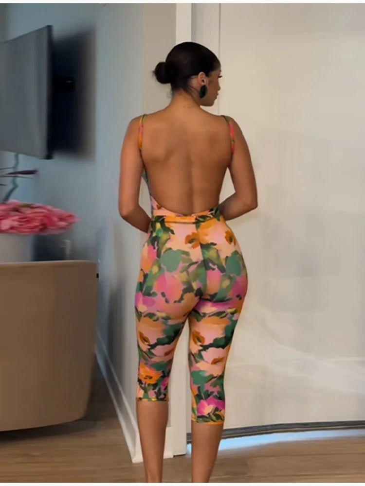 Trendy Bright Set Floral Print Spicy Girls Bodysuit Mid-calf Leggings Slim Fit Women Summer Party Chic Beach Festival Outfits by Trenches of Mariana