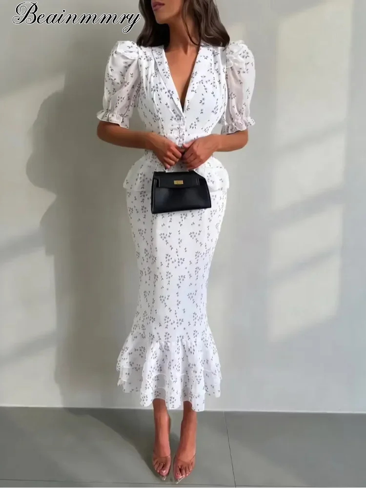 Women Elegant Printed V-neck Dress Chic Lapel Waist Cinched Pleated High Waisted Dresses 2026 Summer New Lady Vacation Gowns by Trenches of Mariana