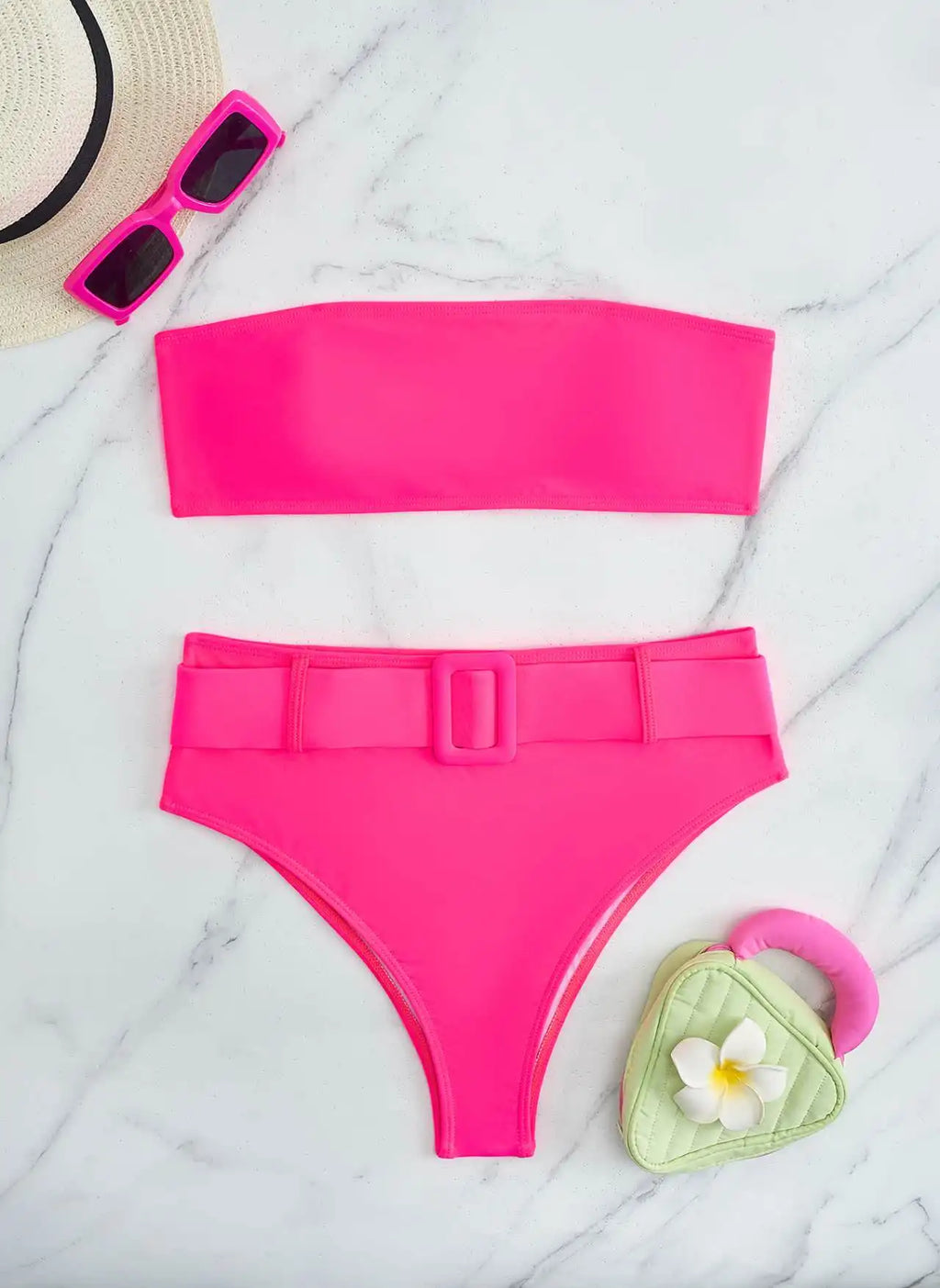 Neon Yellow High Waist Bikini 2026 New Belt Women Sexy Two Piece Swimsuit Push Up