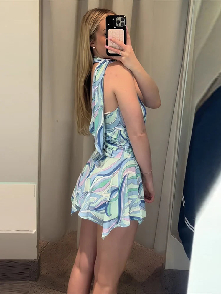 Swirl Print Women's Mini Dress Sexy Halter Neck Sleeveless Backless Ruffles Dresses Female 2026 Summer Fashion Beach Vestidos by Trenches of Mariana