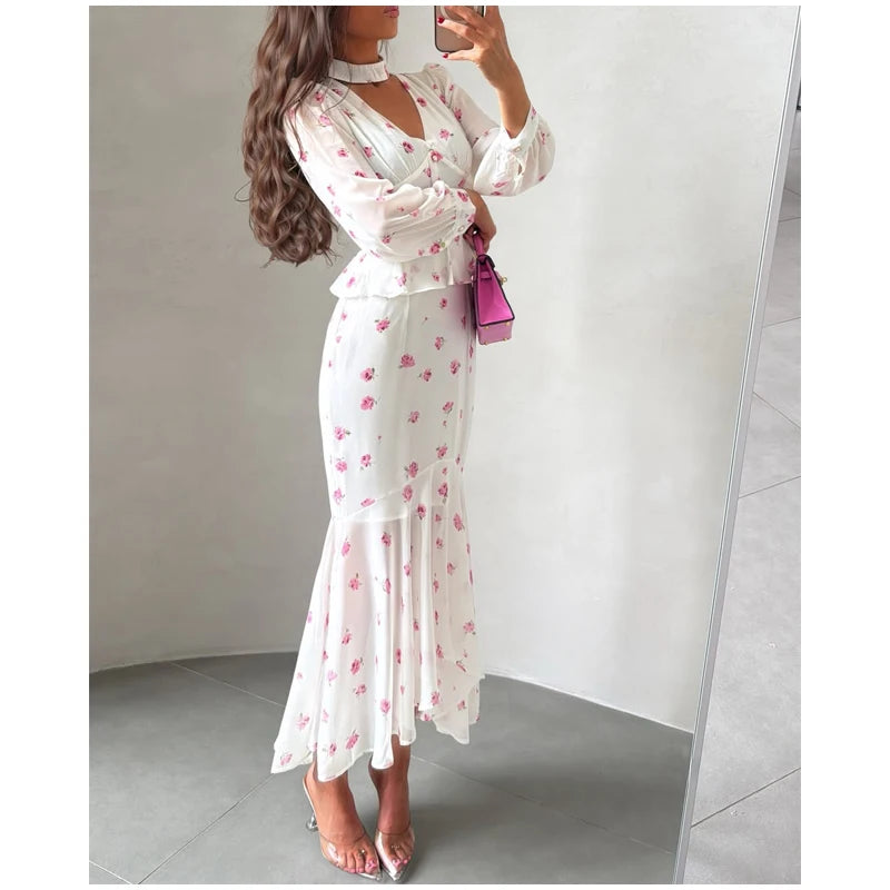 Women Elegant Printed V-neck Dress Chic Lapel Waist Cinched Pleated High Waisted Dresses 2026 Summer New Lady Vacation Gowns by Trenches of Mariana