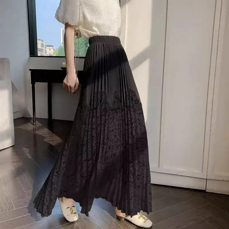Trenches of Mariana women's summer French lace stitching pleated high-waist long skirt, perfect as a stylish cover-up