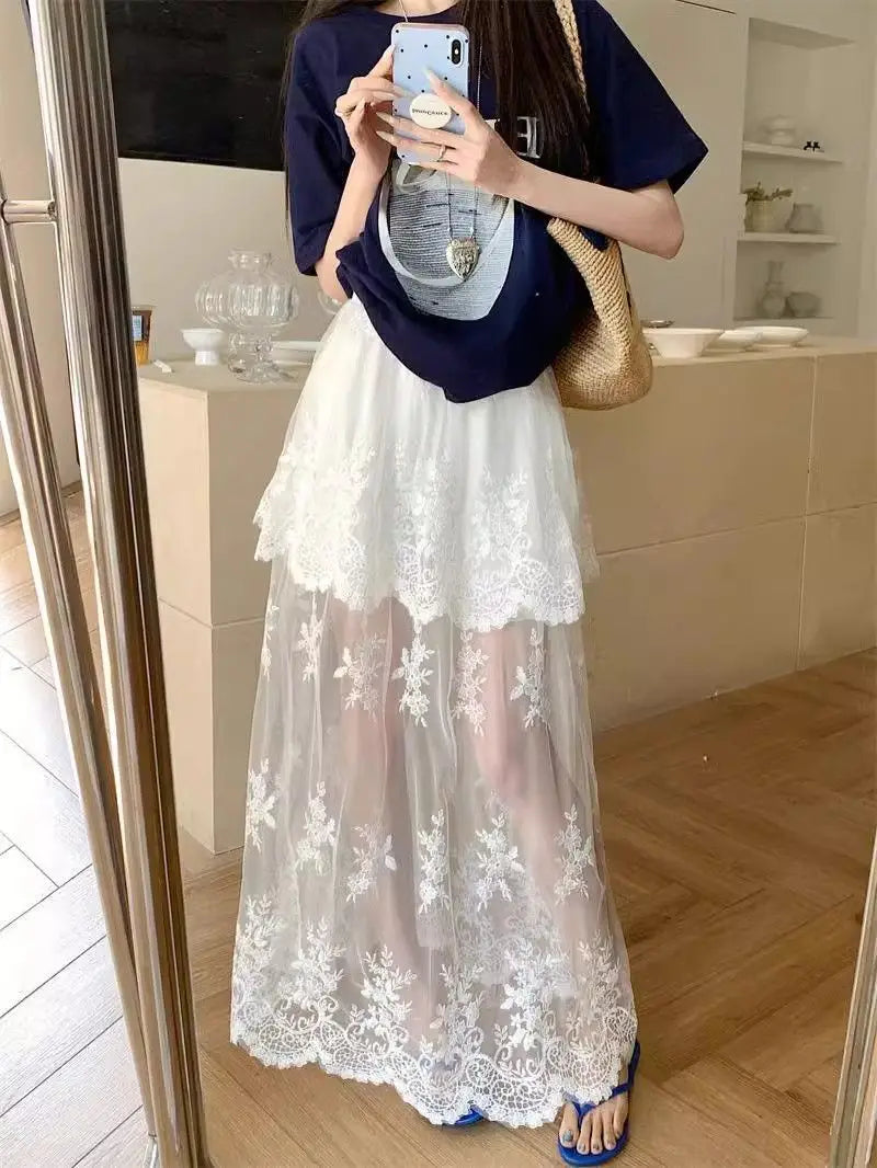 Elegant French retro lace skirt for women by Trenches of Mariana, summer 2026 A-line skirt with mesh splicing design.