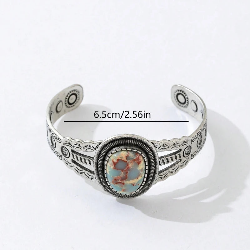 Retro Silver Color Patterned Oval Imitation Turquoise Open Bracelet