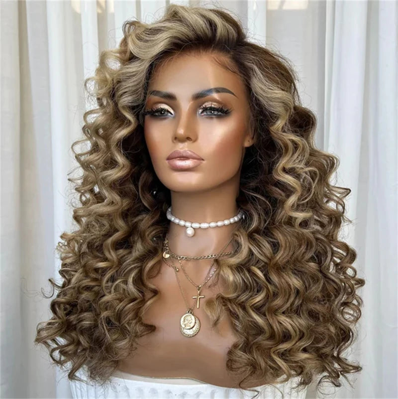 Lace Front Deep Curly Synthetic Wig for Women Dark Brown Glueless Lace Wig Heat Resistant Fiber Pre Plucked Hairline Party Daily