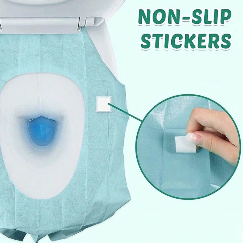 Disposable toilet seat covers by Trenches of Mariana, waterproof and portable paper mats for travel, hotel, and bathroom use.
