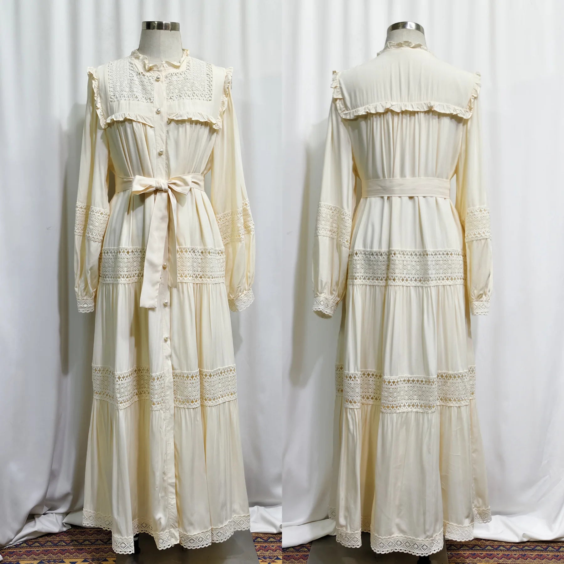 Lace dress for women by Trenches of Mariana featuring intricate lace-up design, long Eid Muslim abaya, Moroccan Dubai kaftan robe