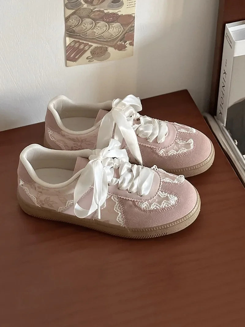 French Lace - Satin Ribbon Trainer Sneakers | Cream - Sweet Vintage Sporty Sneakers