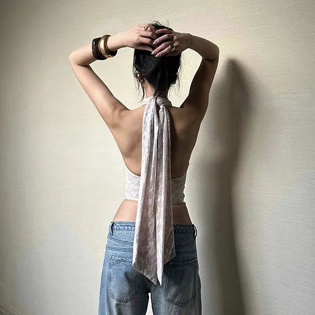 Lace Halter Backless Crop Top White Sleeveless Fishbone Camisole Summer Fashion Streetwear Casual Tank Tops For Women Slim Vests by Trenches of Mariana