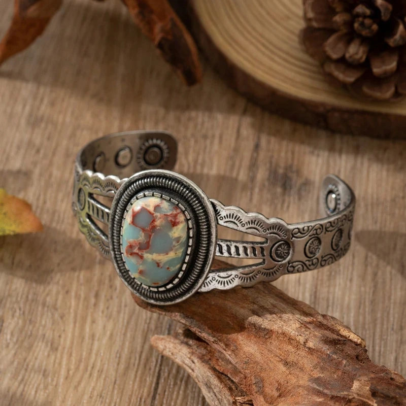 Retro Silver Color Patterned Oval Imitation Turquoise Open Bracelet