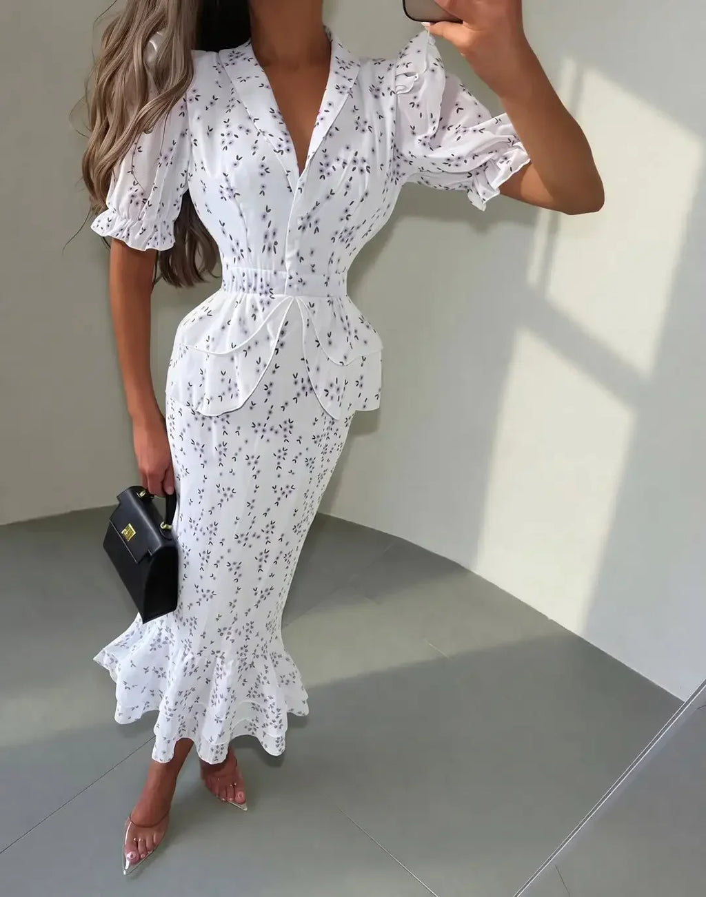 Women Elegant Printed V-neck Dress Chic Lapel Waist Cinched Pleated High Waisted Dresses 2026 Summer New Lady Vacation Gowns by Trenches of Mariana