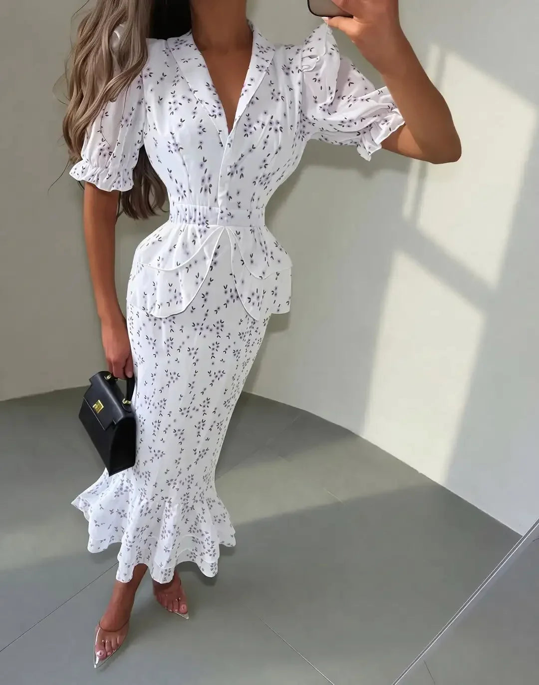Women Elegant Printed V-neck Dress Chic Lapel Waist Cinched Pleated High Waisted Dresses 2026 Summer New Lady Vacation Gowns by Trenches of Mariana