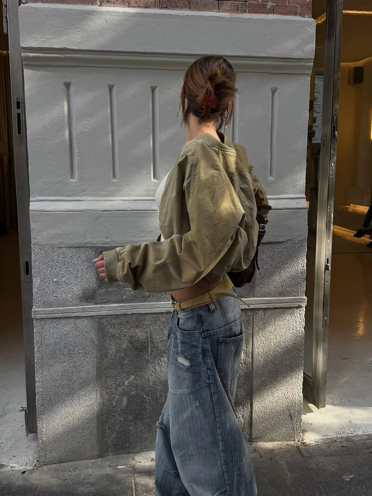 Cropped Bomber Short Jackets Women Solid Folded Hem Zipper Pockets Full Sleeves Coats Women Lady Casual Daily Street Outwear New by Trenches of Mariana