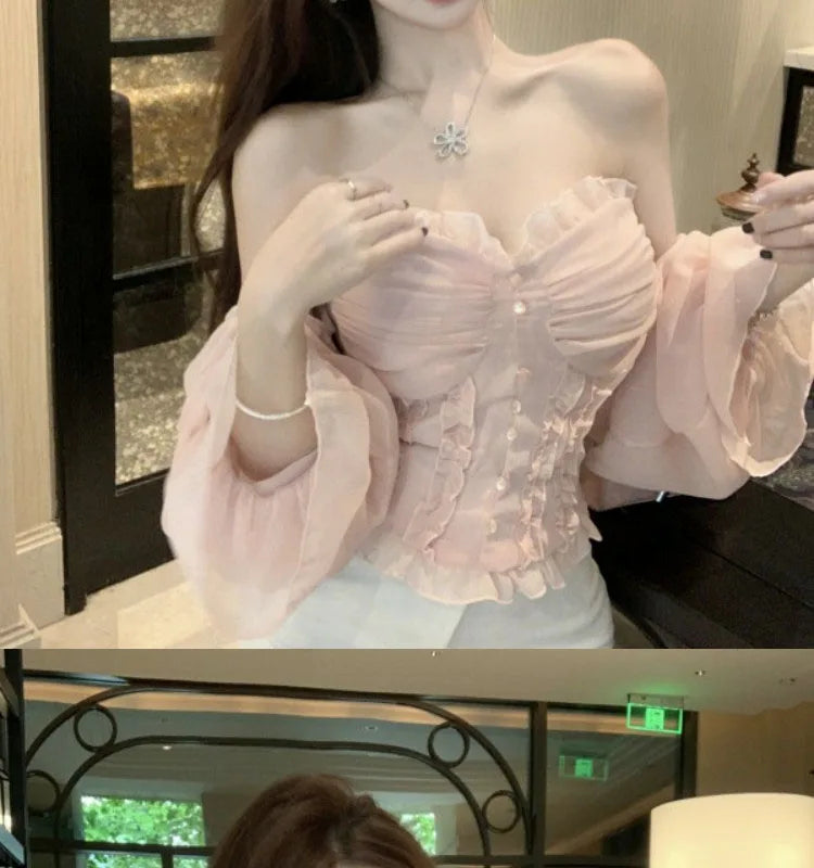 French Lace Shirt Women's New Spring Acetate Satin Premium Design Sense Short Long Sleeve Slim Top Korean Pink Lady Sweet Blouse by Trenches of Mariana