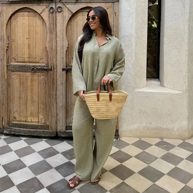 Fashion Stripe Long Pants Set Women Chic Lapel Single Breasted Shirt High Waist Wide Leg Trousers 2026 Spring New 2 Pcs Outfits by Trenches of Mariana