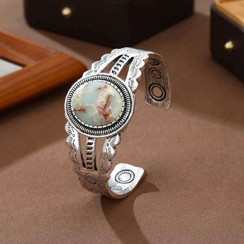 Retro Silver Color Patterned Oval Imitation Turquoise Open Bracelet