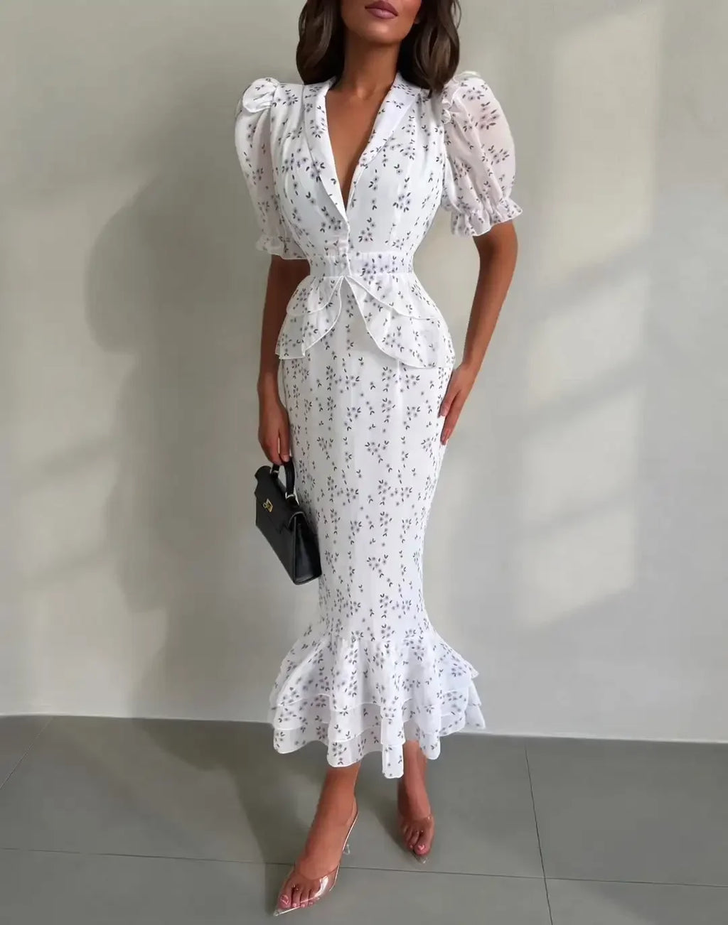 Women Elegant Printed V-neck Dress Chic Lapel Waist Cinched Pleated High Waisted Dresses 2026 Summer New Lady Vacation Gowns by Trenches of Mariana