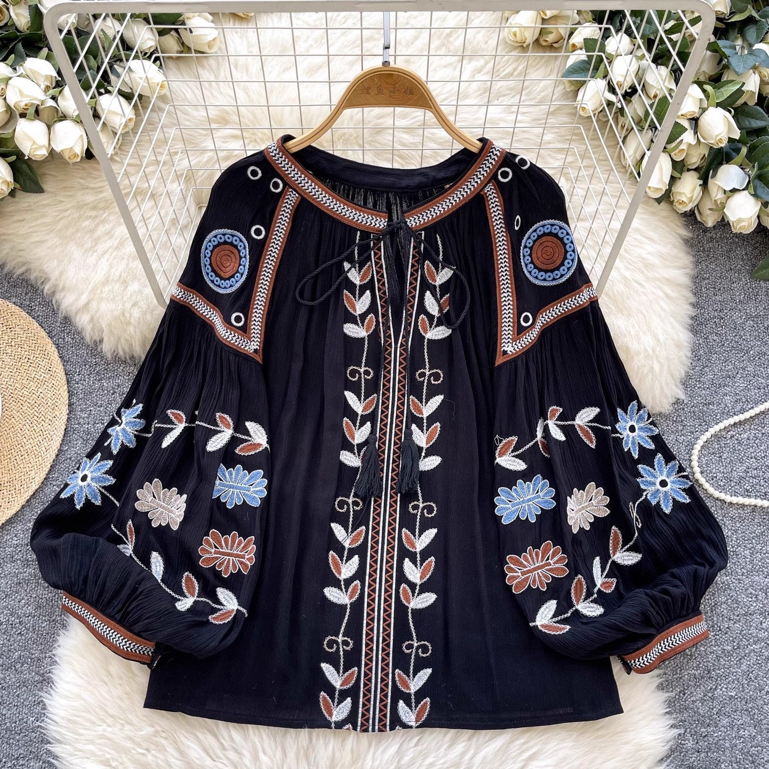Round Neck Tie Lantern Sleeve Women's Autumn New Loose Shirt by Trenches of Mariana