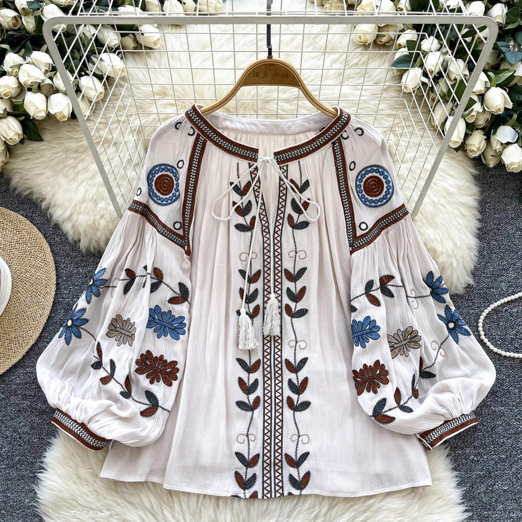 Round Neck Tie Lantern Sleeve Women's Autumn New Loose Shirt by Trenches of Mariana