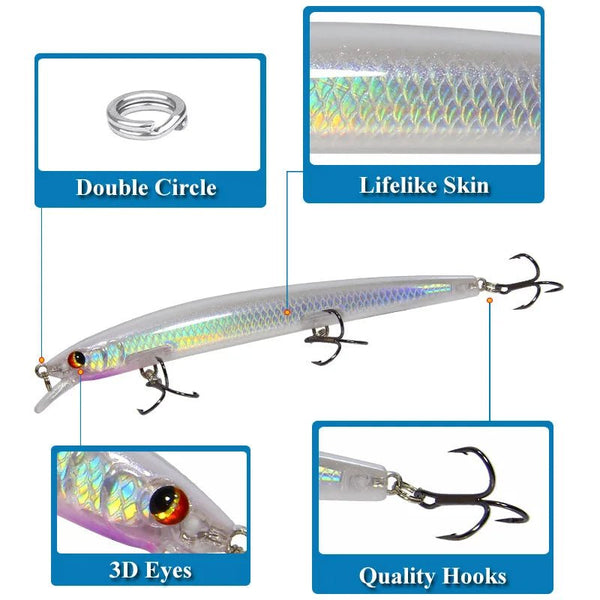 Big Laser Minnow fishing lure by Trenches of Mariana, 13.5cm long, 15g weight, designed for freshwater and saltwater fishing.