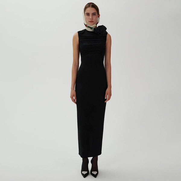 Trenches of Mariana Body-yady Bodycon Dress in black, fitted design with long sleeves and scoop neckline, on a model.