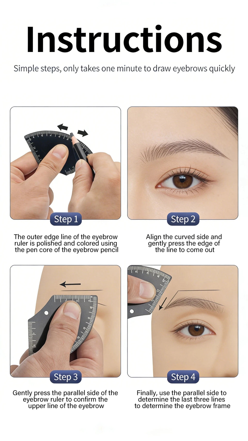 Trenches of Mariana eyebrow shaping ruler with five shapes for microblading and tattoo design, used for precise brow mapping.
