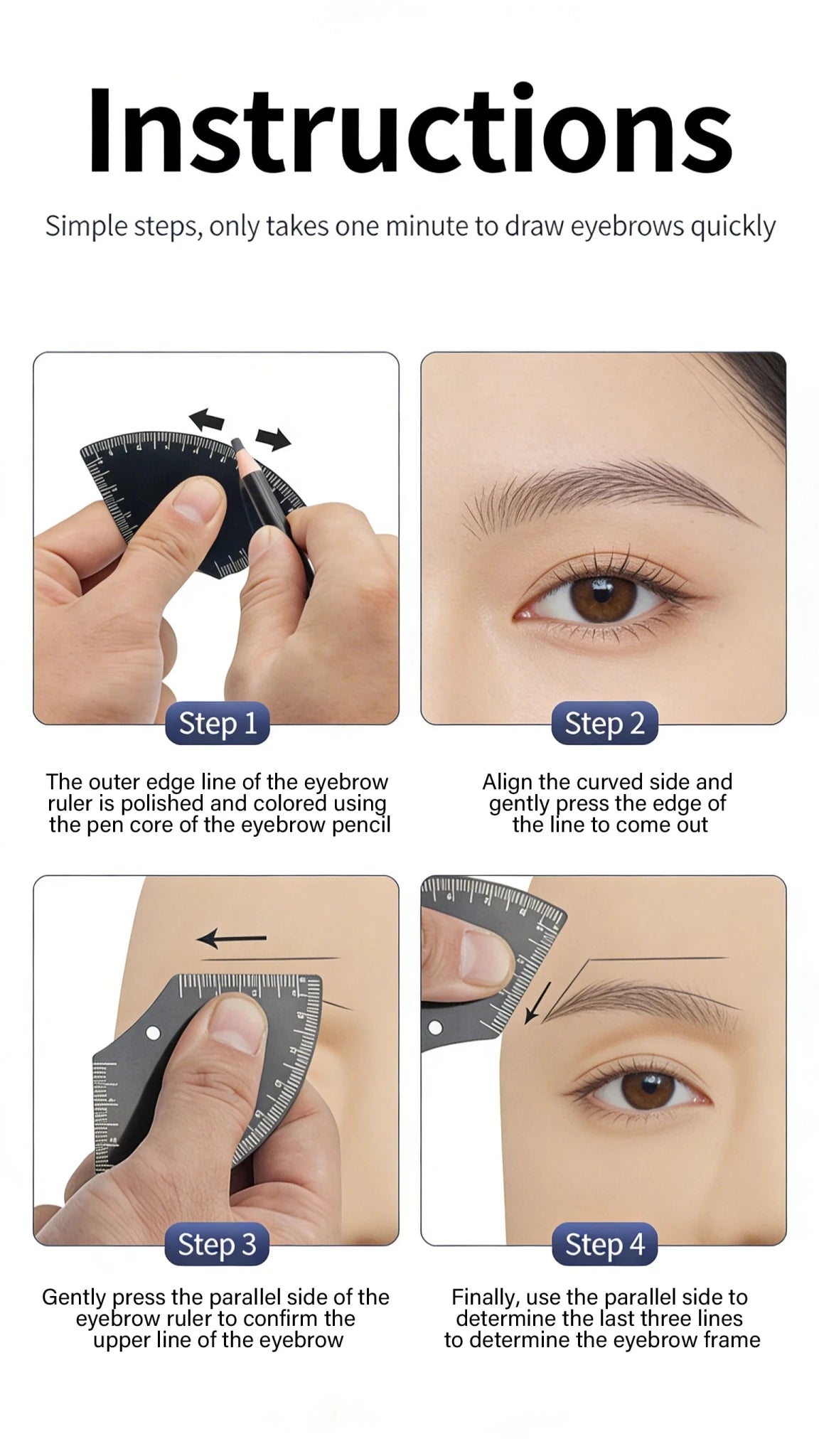 Trenches of Mariana eyebrow shaping ruler with five shapes for microblading and tattoo design, used for precise brow mapping.